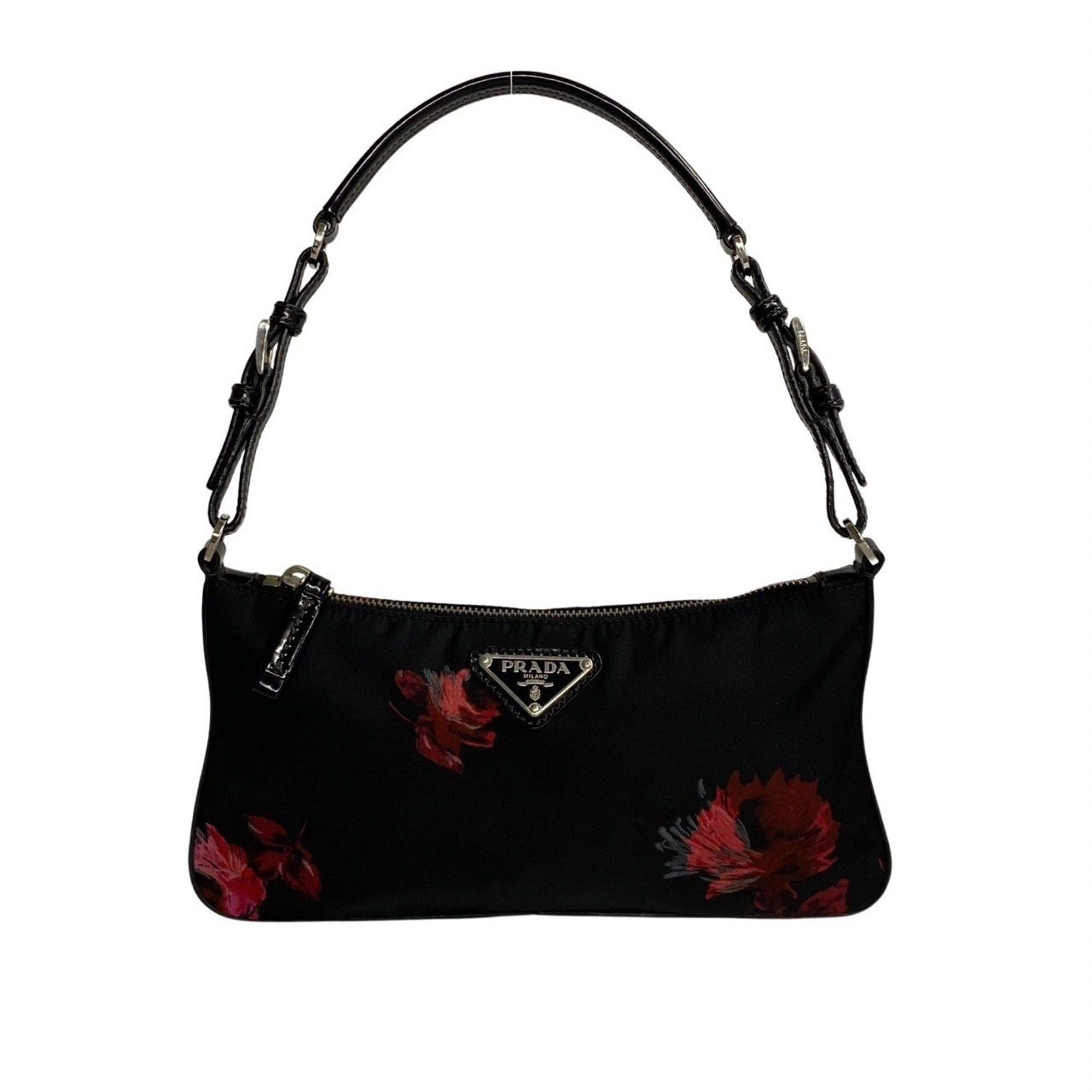 image of Prada Triangular Metal Fittings Flower Nylon Leather Handbag Pouch Black Red 24710, Women's