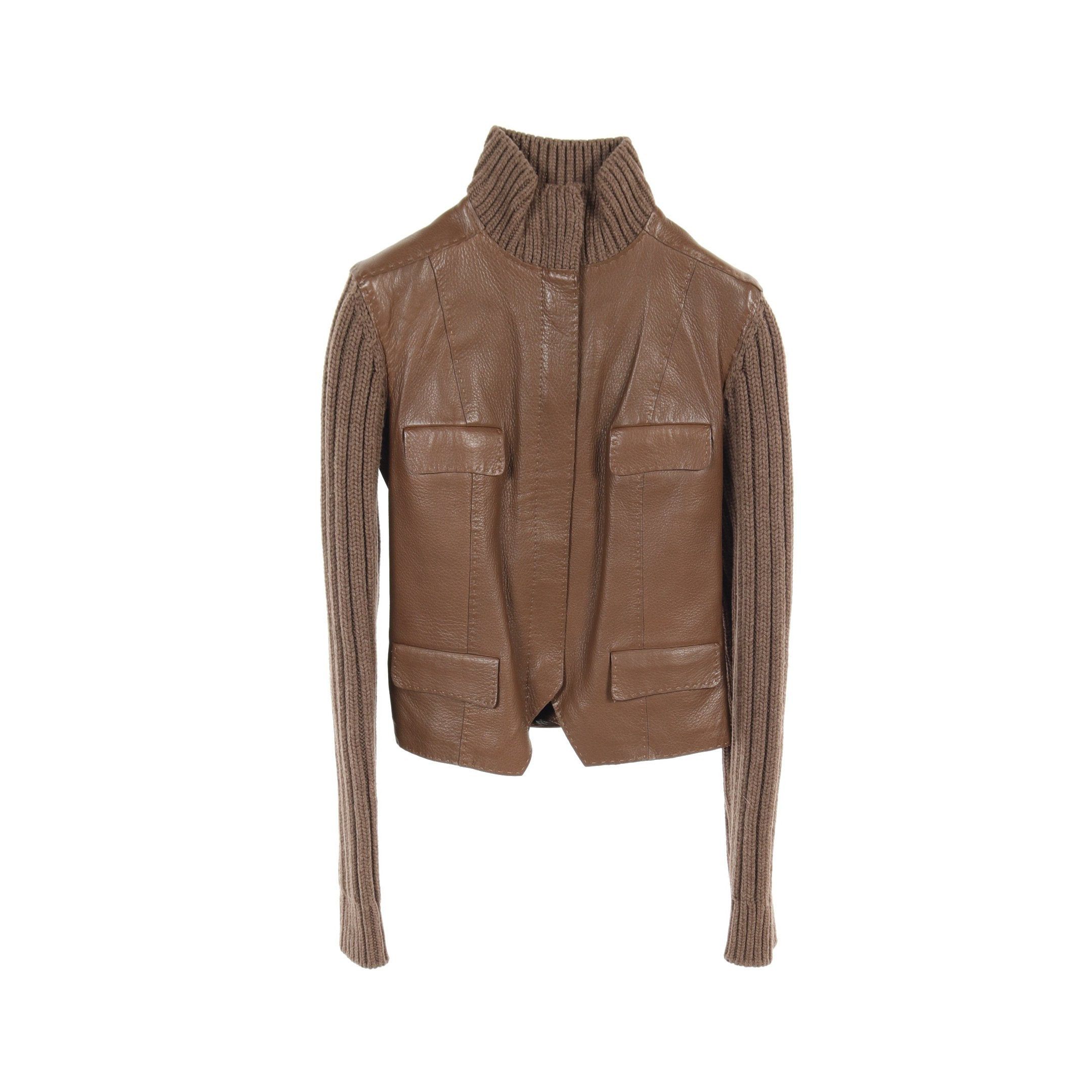 Hermes Hermes Leather Jacket Deerskin Wool Cashmere Brown Knit Switching Size ONE SIZE - 1 Thumbnail