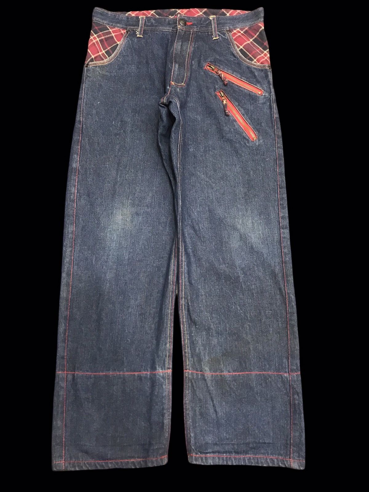 Japanese Brand 💥DENIM ART💥STONE HEAD Zipper Tartan Leg Denim F154 Size US 35 - 1 Thumbnail