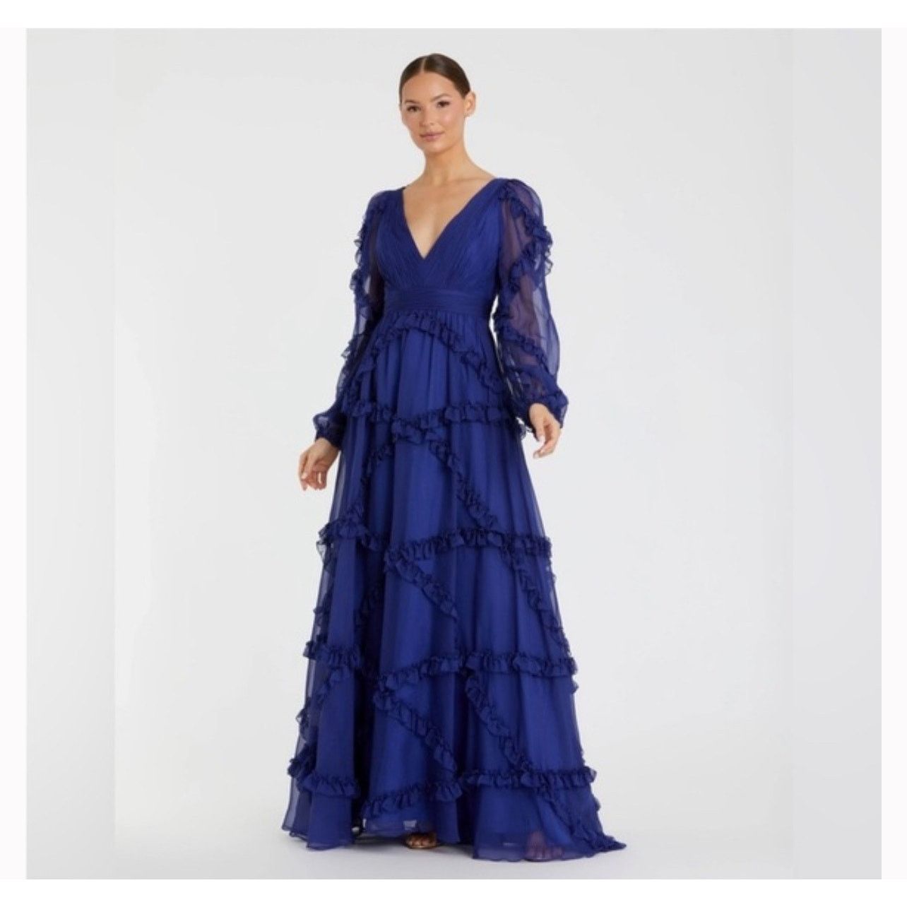 Other New Mac Duggal Blue Cascade Ruffle Puff Sleeve A Line Gown Size XL / US 12-14 / IT 48-50 - 1 Thumbnail