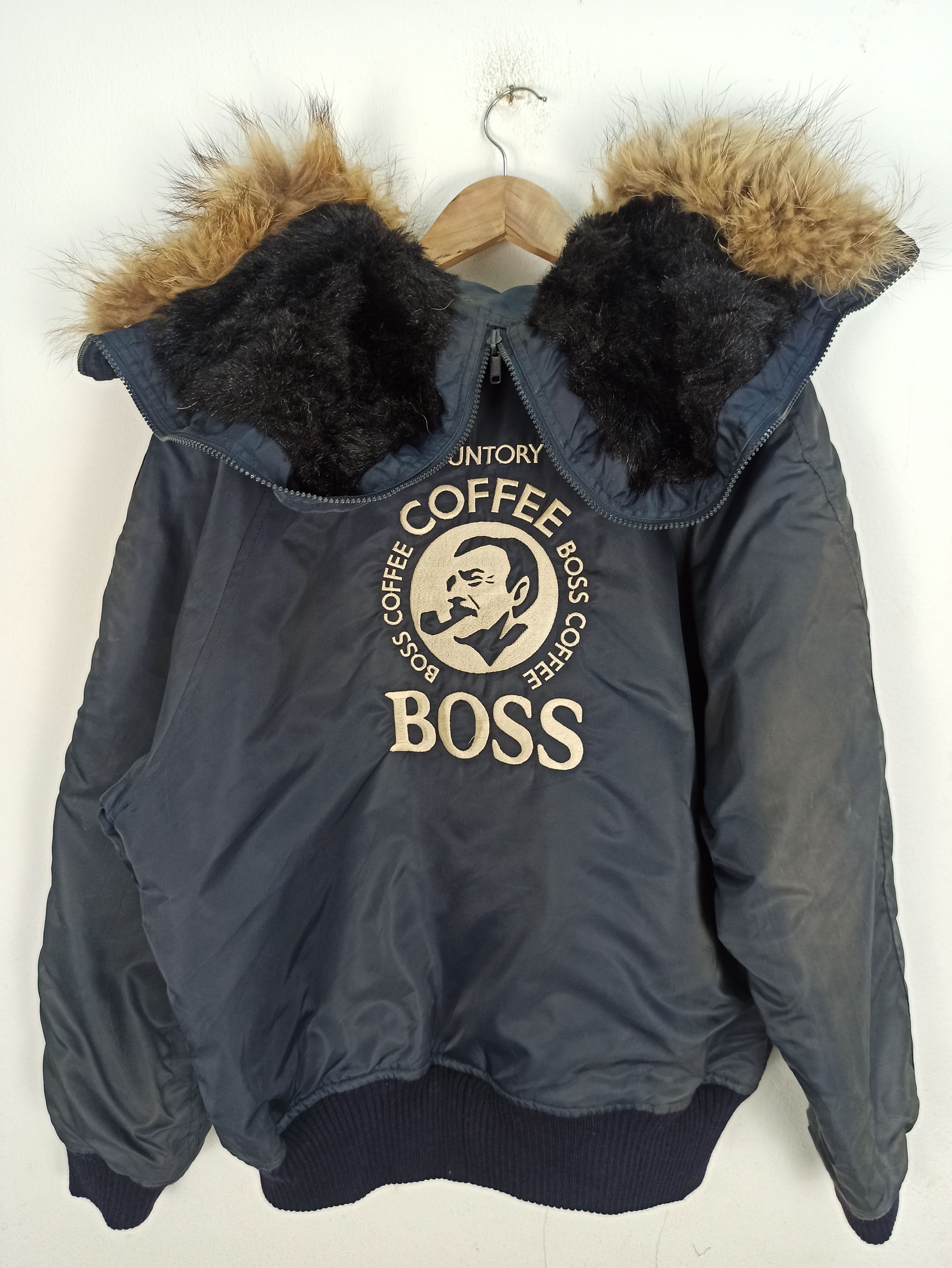 If Six Was Nine Vtg SUN FADED Suntory Boss Coffee Bombers Jacket Hoodie Fur Size US L / EU 52-54 / 3 - 8 Thumbnail