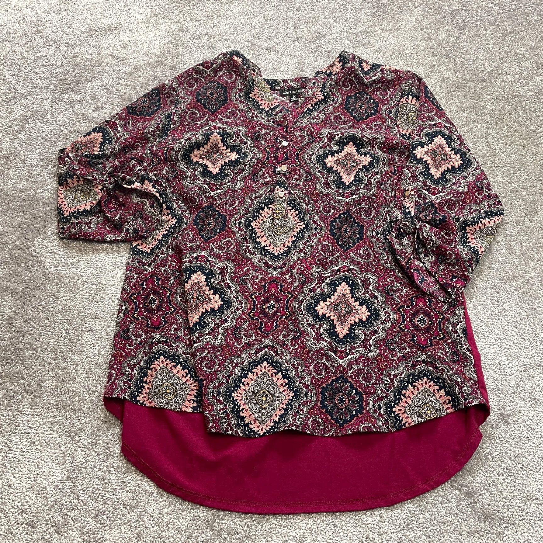 Vintage Dina and Ariel Blouse Top Womens 1X Dark Red Jacobean Long Sleeve V Neck Ladies Size XL / US 12-14 / IT 48-50 - 2 Thumbnail