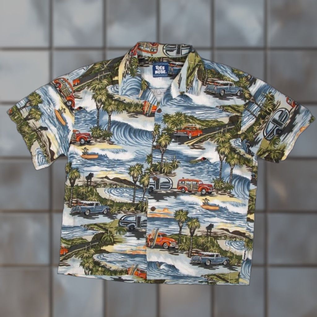 Vintage VINTAGE Toes on The Nose Shirt Button Up AOP Cars Hawaiian Tiki Large Blue Mens Size US L / EU 52-54 / 3 - 1 Thumbnail