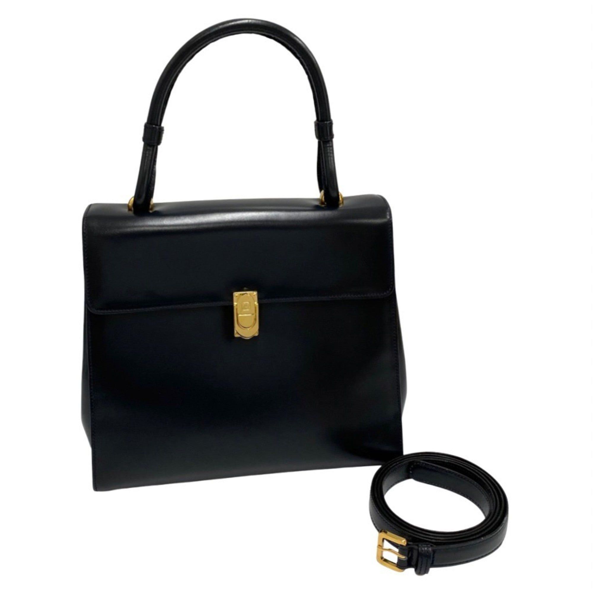 image of Loewe Vintage Anagram Logo Metal Fittings Calf Leather 2Way Handbag Shoulder Bag Navy in Gold, Wome