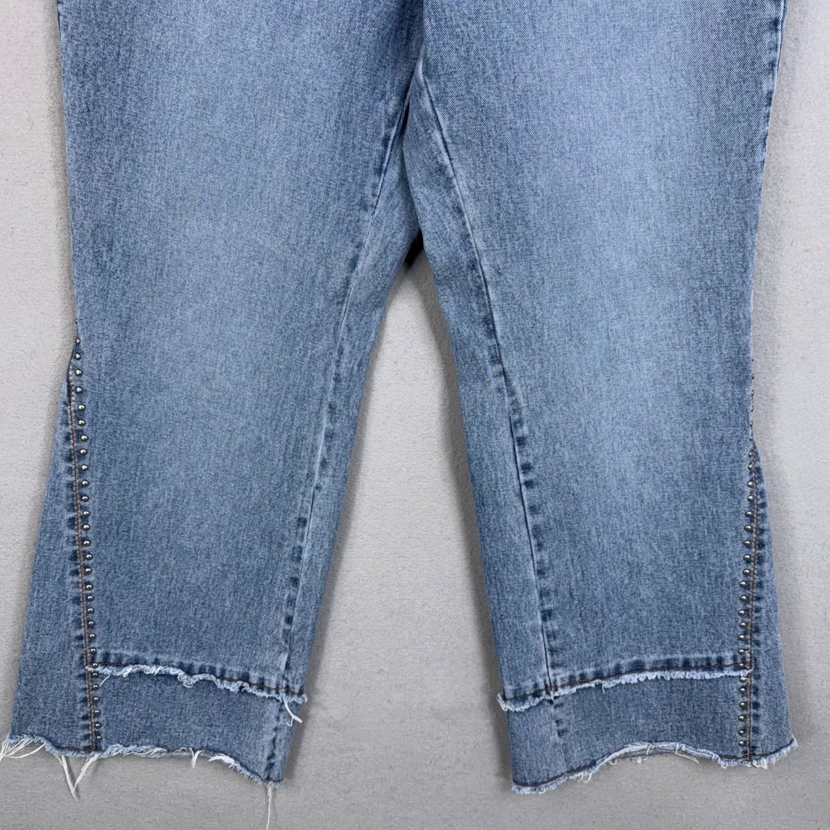 Denime Vintage Venezia Jeans Women 18 Blue High Rise Wide Leg Studded Fringe Crop Denim Raw Hem Size 40" / US 18 - 3 Thumbnail