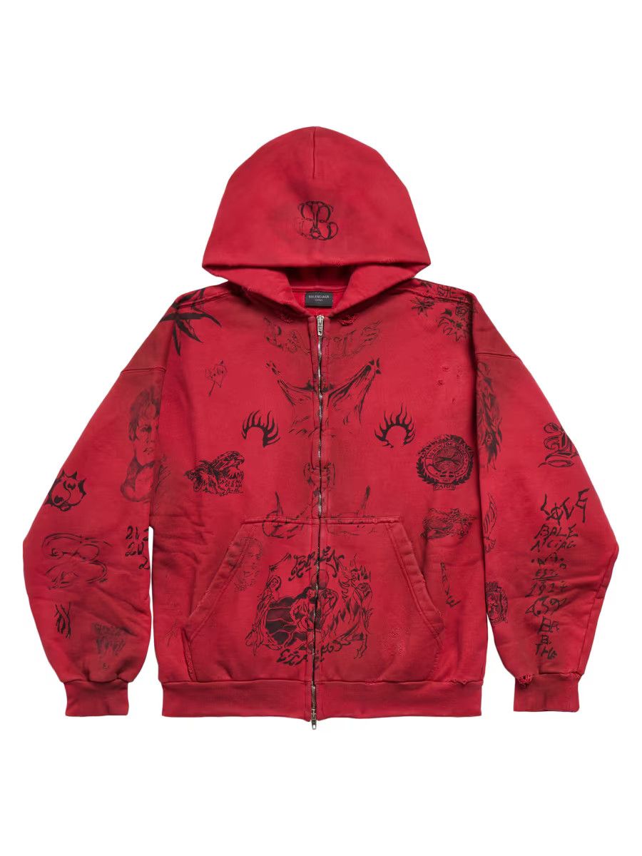 Balenciaga o1srvl11e0925 Tat Zip-Up Hoodie Medium Fit in Red Size US S / EU 44-46 / 1 - 1 Thumbnail