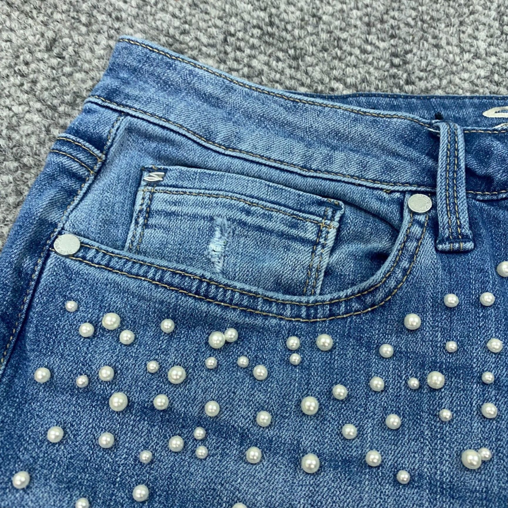 Vintage Seven7 Jeans Size 16 Blue Faded Distressed Beaded Mid-Rise Skinny Stretch Womens Size 35" - 3 Thumbnail