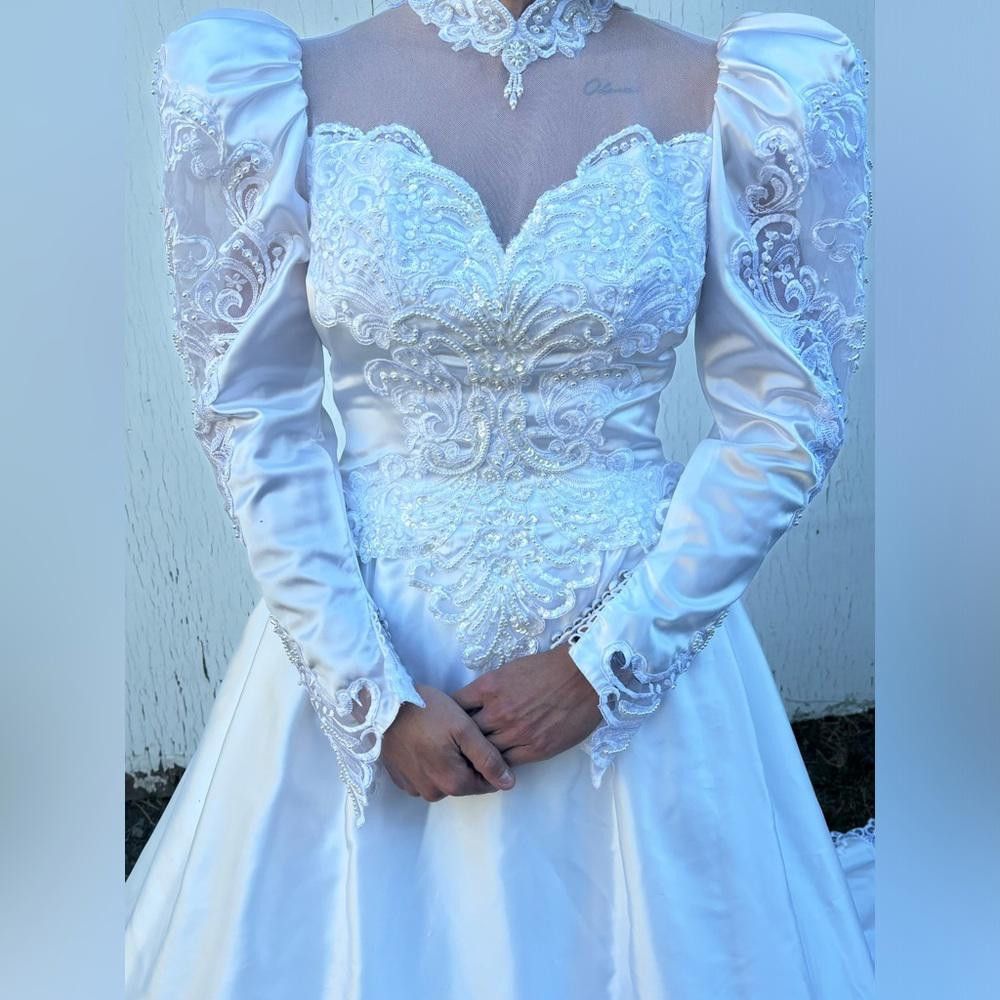 Designer Vintage 80s/90s Bridal Originals Wedding Satin Dress Size XS / US 0-2 / IT 36-38 - 4 Thumbnail