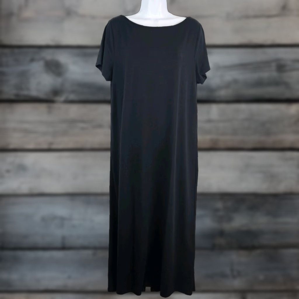 J. Jill J Jill Wearever Collection Womens Dress L Solid Black Short Sleeve Rayon Midi Shift Pullover Casual 47" Length Womens Size 36" / US 14 / IT 50 - 1 Thumbnail