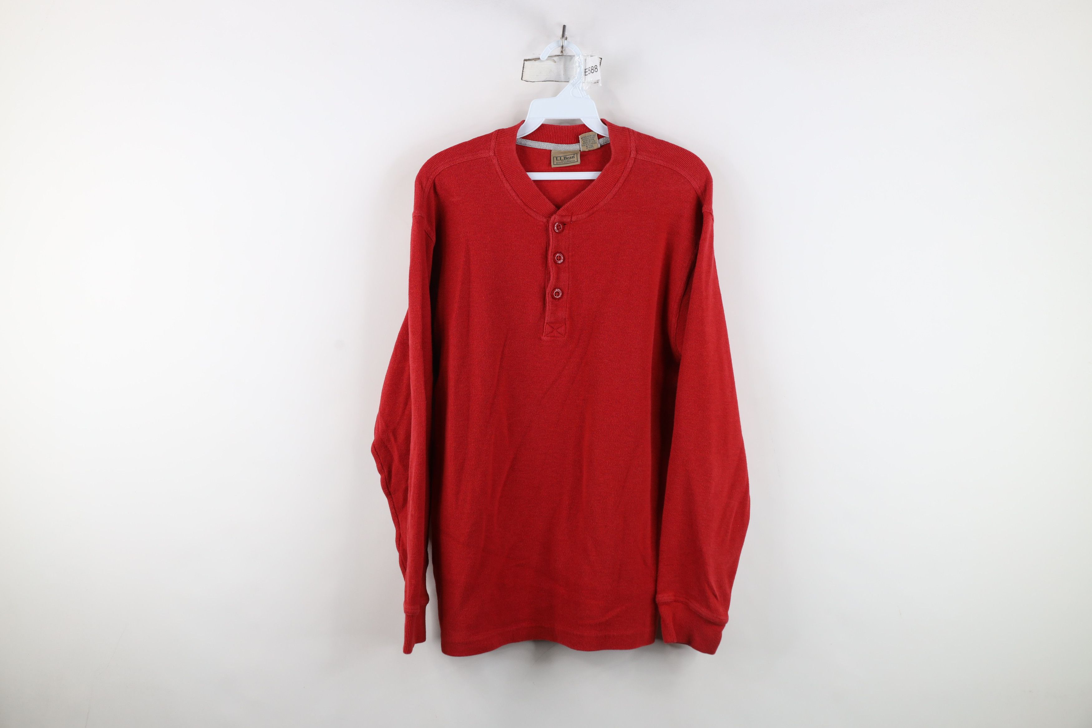 Vintage LL Bean Waffle Knit Long Sleeve Henley T-Shirt Red