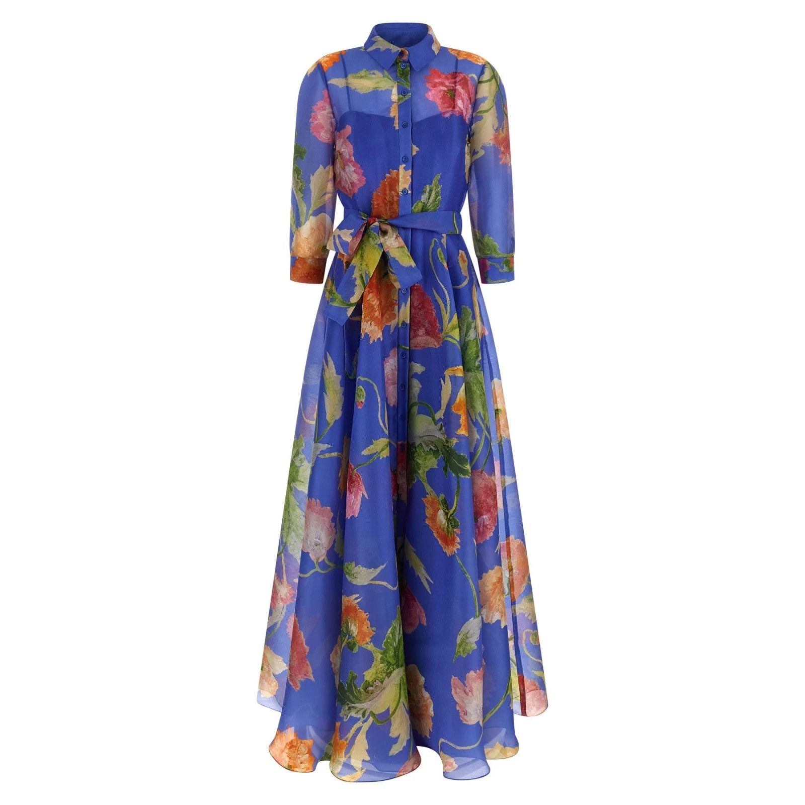 CAROLINA HERRERA Trench Coat Blue Flower Silk Dress New & Au