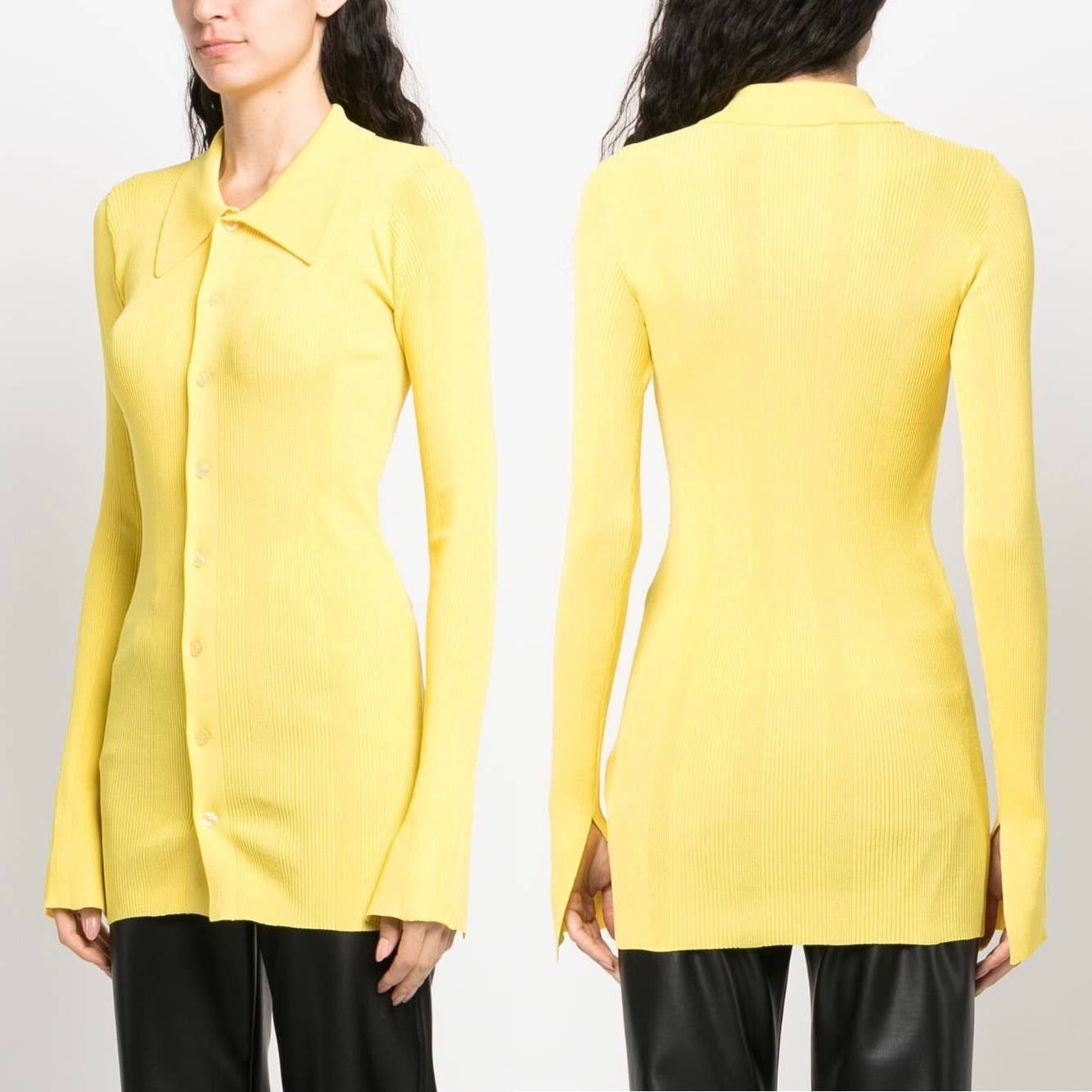 image of Remain Birger Christensen Remain Yellow Long Ribbed-Knit Polo Cardigan - Xs - Nwt, Women's