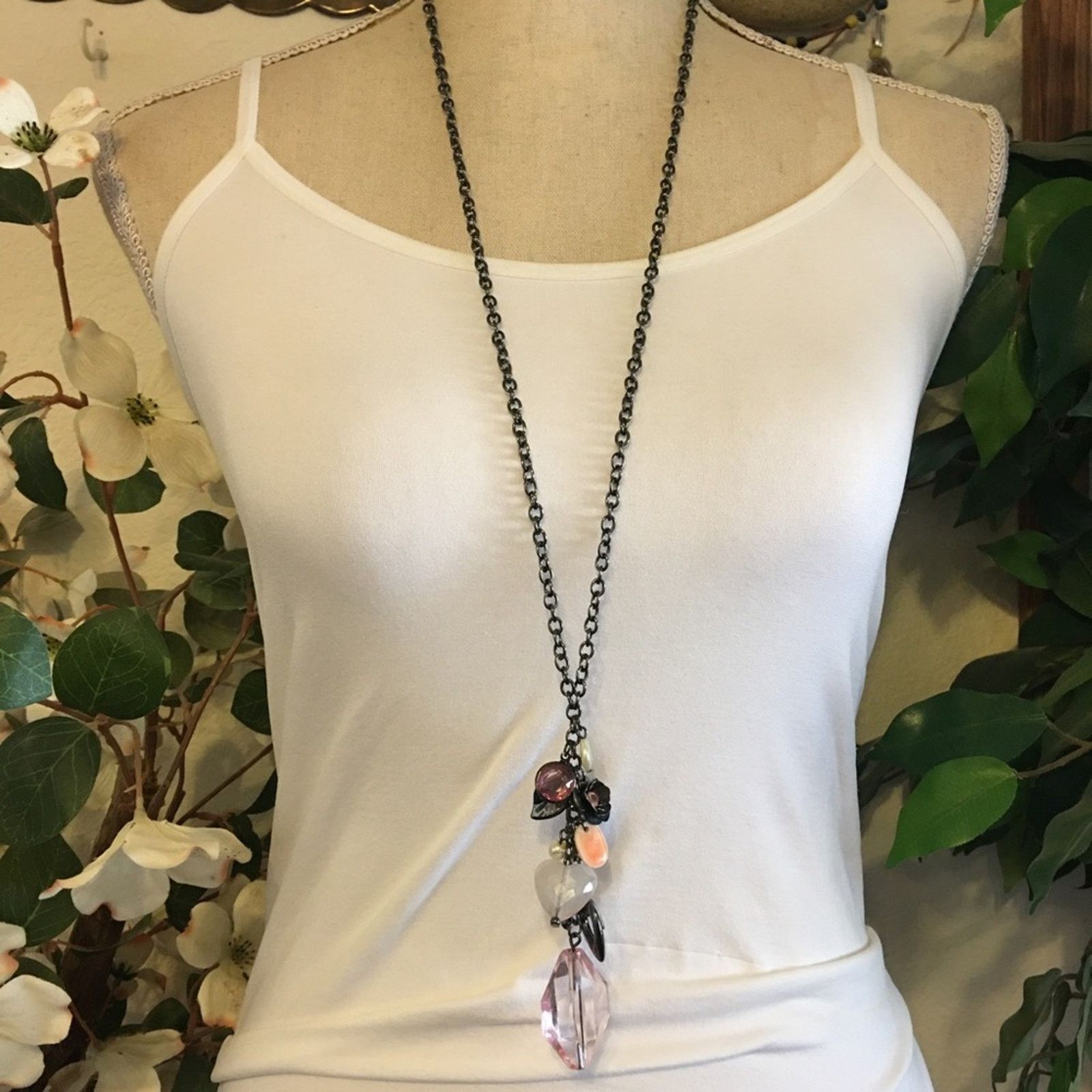 Jewelry Dark Chrome Beaded Charm Accent Necklace in Black, Women's