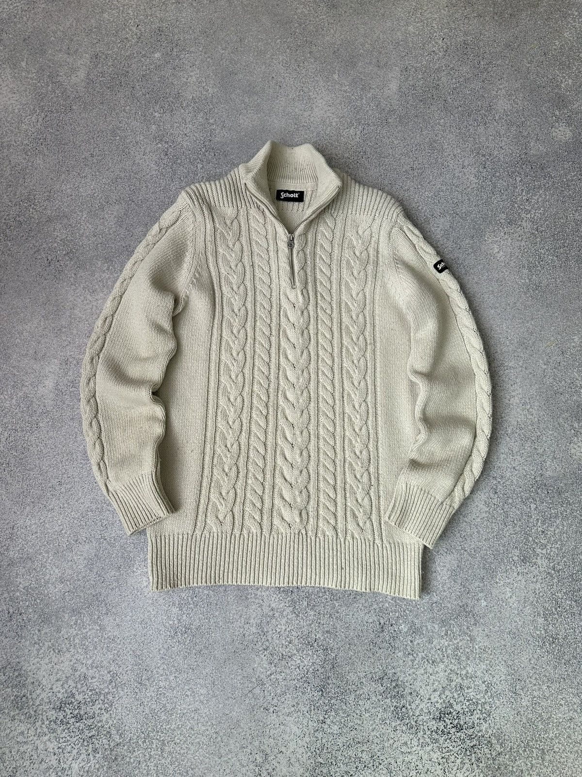Schott × Vintage Vintage Schott Beige 1/4 Zip Knitted Sweater Size US L / EU 52-54 / 3 - 1 Thumbnail