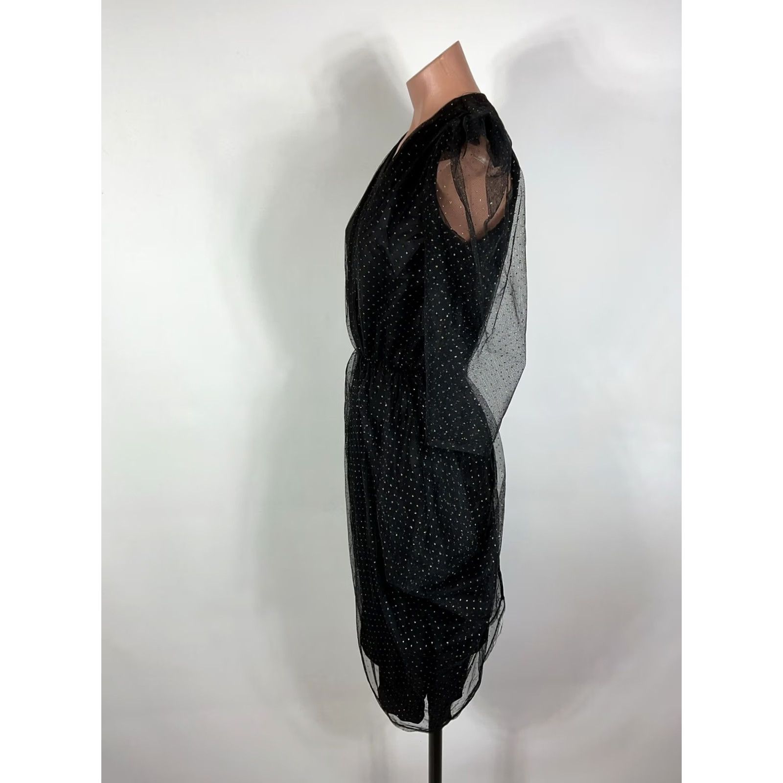 Vintage VINTAGE 80s Tulip Hem Black Glitter Dress Puffy Sleeve Mini Dress S/M Prom Party Glenrob LTD Lamé Glam Rock Womens Size S / US 4 / IT 40 - 7 Thumbnail