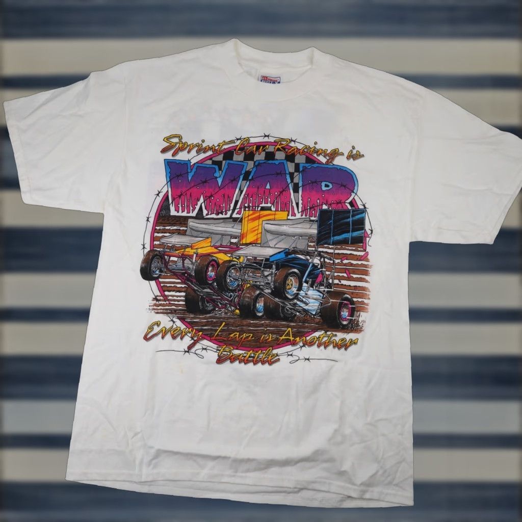 Vintage VINTAGE Manzanita Speedway Sprint Car Racing War Graphic T Shirt White L Men Size US L / EU 52-54 / 3 - 1 Thumbnail