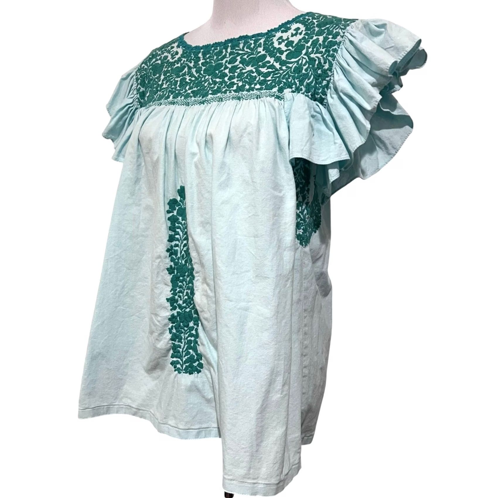 Vintage Mi Golondrina Soledad Embroidered Top Womens M Blue/Green Cotton Ruffle Sleeves Size M / US 6-8 / IT 42-44 - 2 Thumbnail