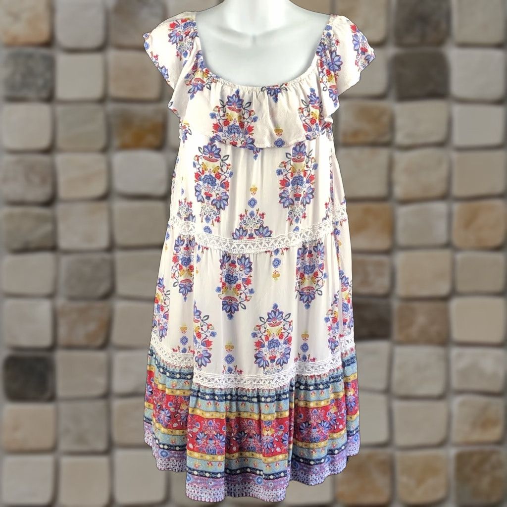 Vintage VINTAGE Off Shoulder Mini Dress M Floral Ruffle Flared Boho Peasant Prairie Size M / US 6-8 / IT 42-44 - 1 Thumbnail