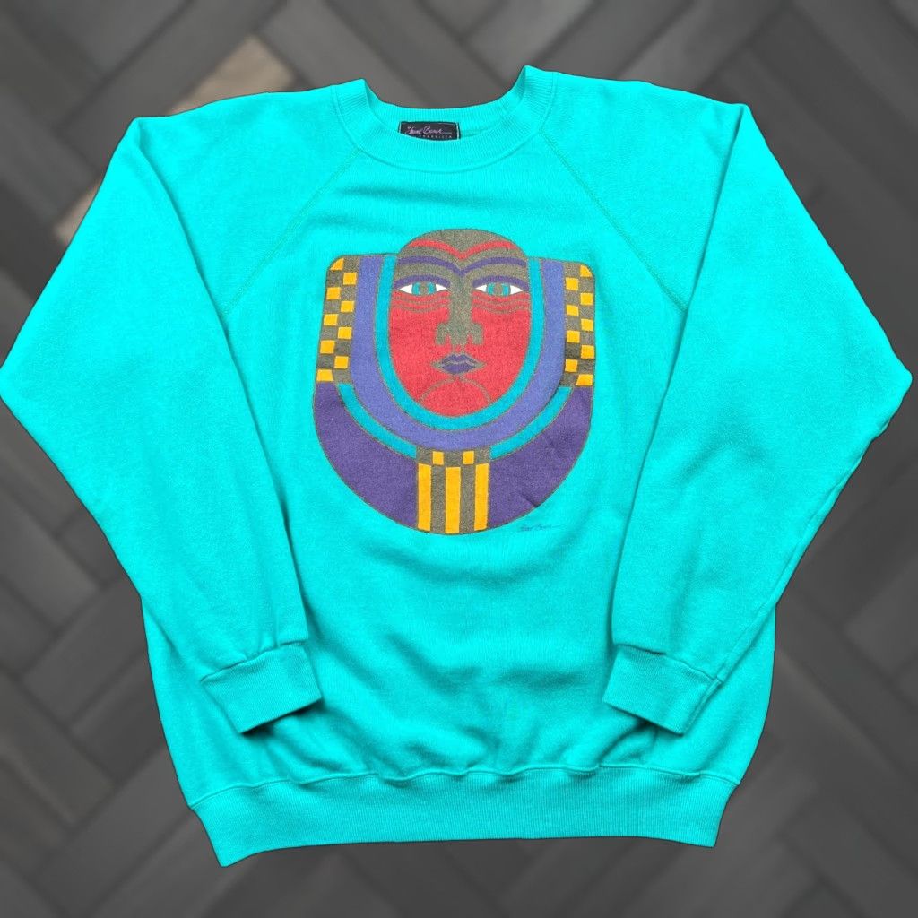 Hanes VINTAGE Laurel Burch Rising Sun Face Art Abstract Raglan Sweatshirt Men L Teal 80s Size US L / EU 52-54 / 3 - 1 Thumbnail