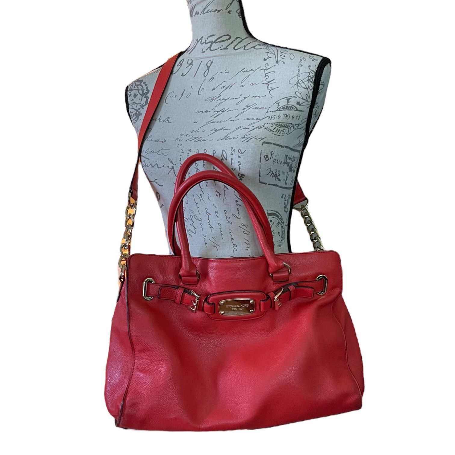 Michael Kors Red Leather Large Hamilton Tote Purse, Women's