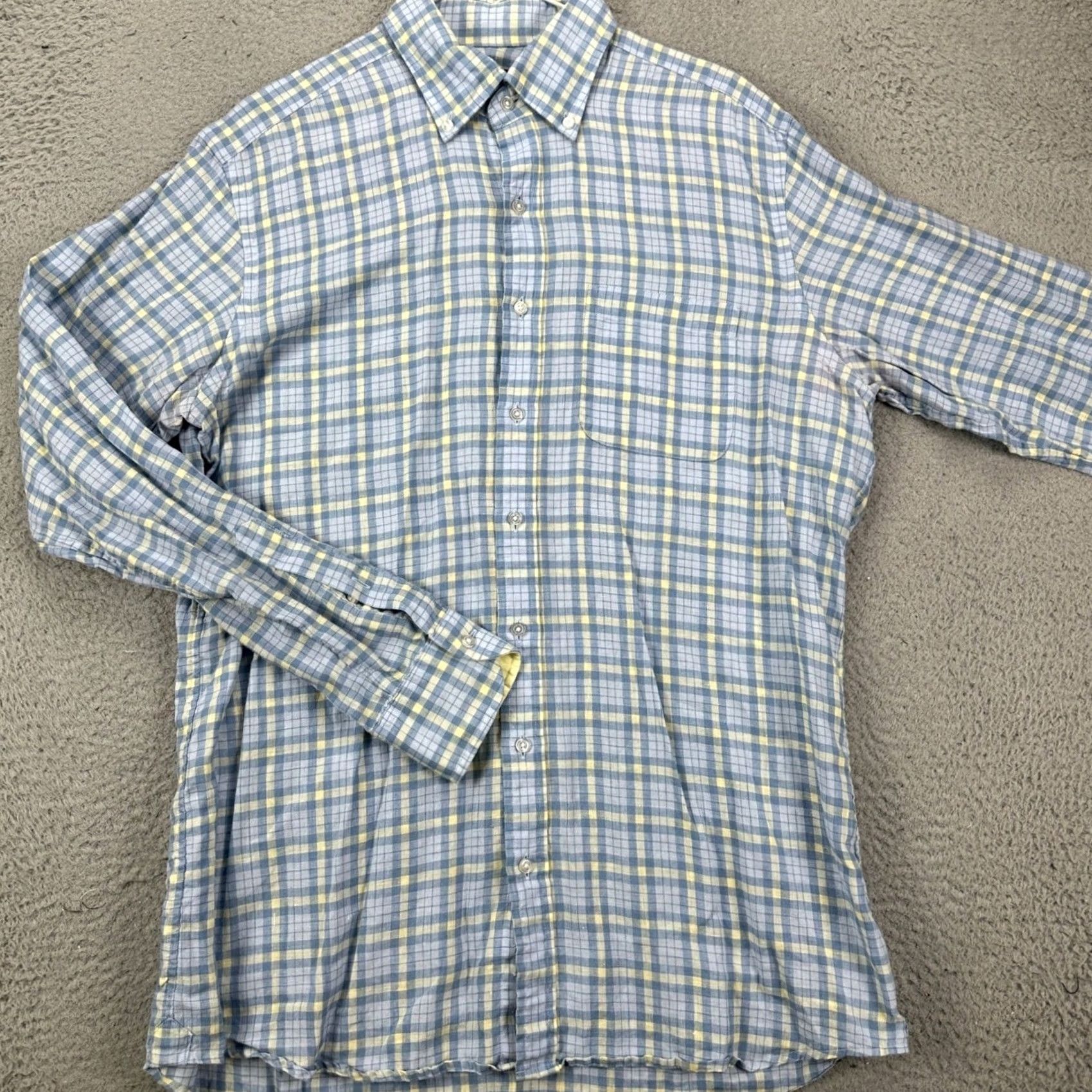 Proper Cloth Proper Cloth Shirt Plaid Button-Down 100% Linen M Blue Yellow Embroidered Cuff Pockets Classic Coastal Men Size US M / EU 48-50 / 2 - 2 Thumbnail
