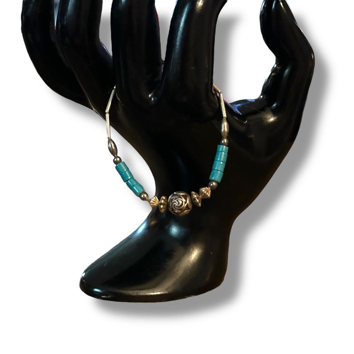 Vintage Vintage liquid silver turquoise & carved rose bead bracelet Size ONE SIZE - 2 Thumbnail
