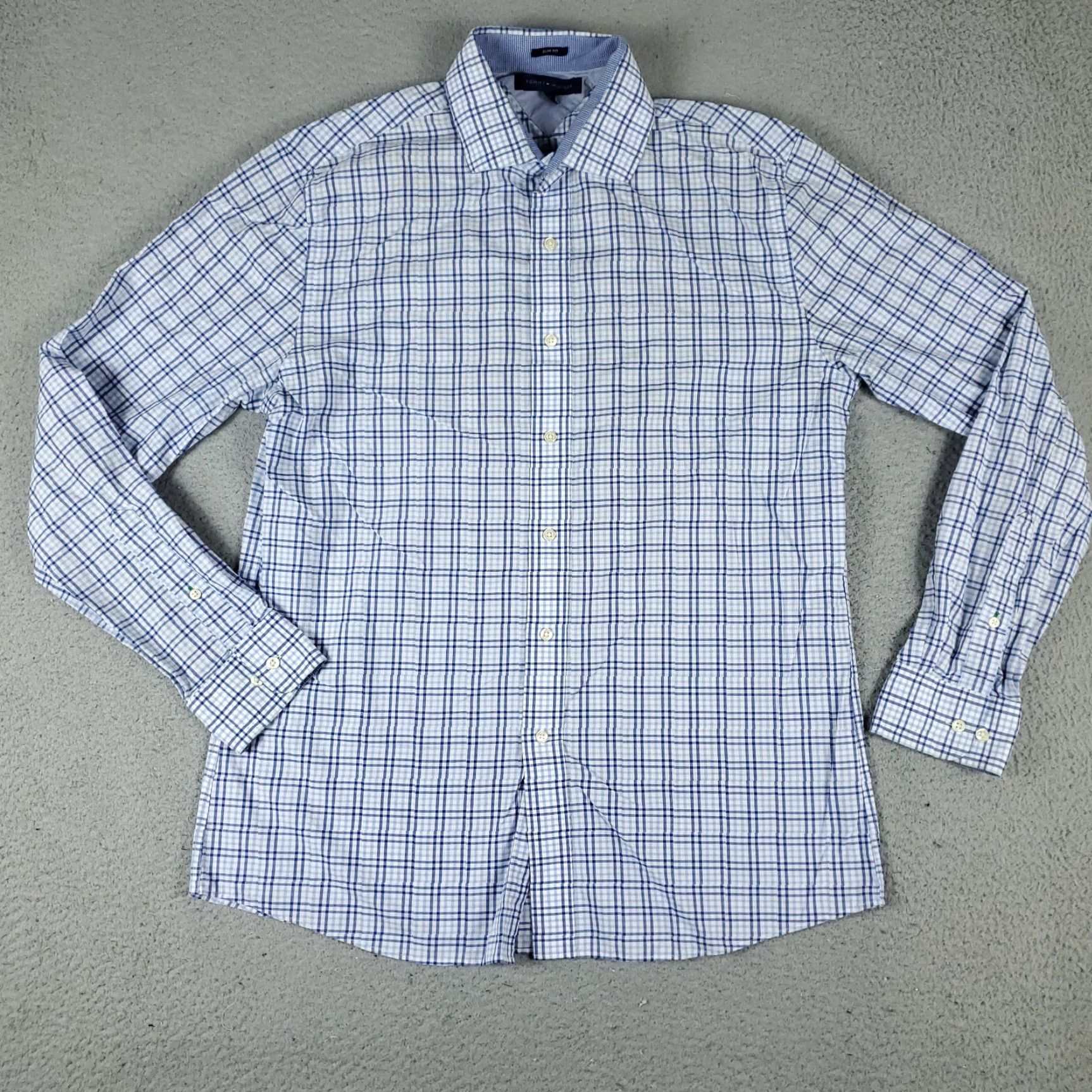 Tommy Hilfiger Tommy Hilfiger Dress Shirt Mens 16 Blue Plaid Long Sleeve Button Up 100% Cotton Regular Collar Size 42R - 2 Thumbnail