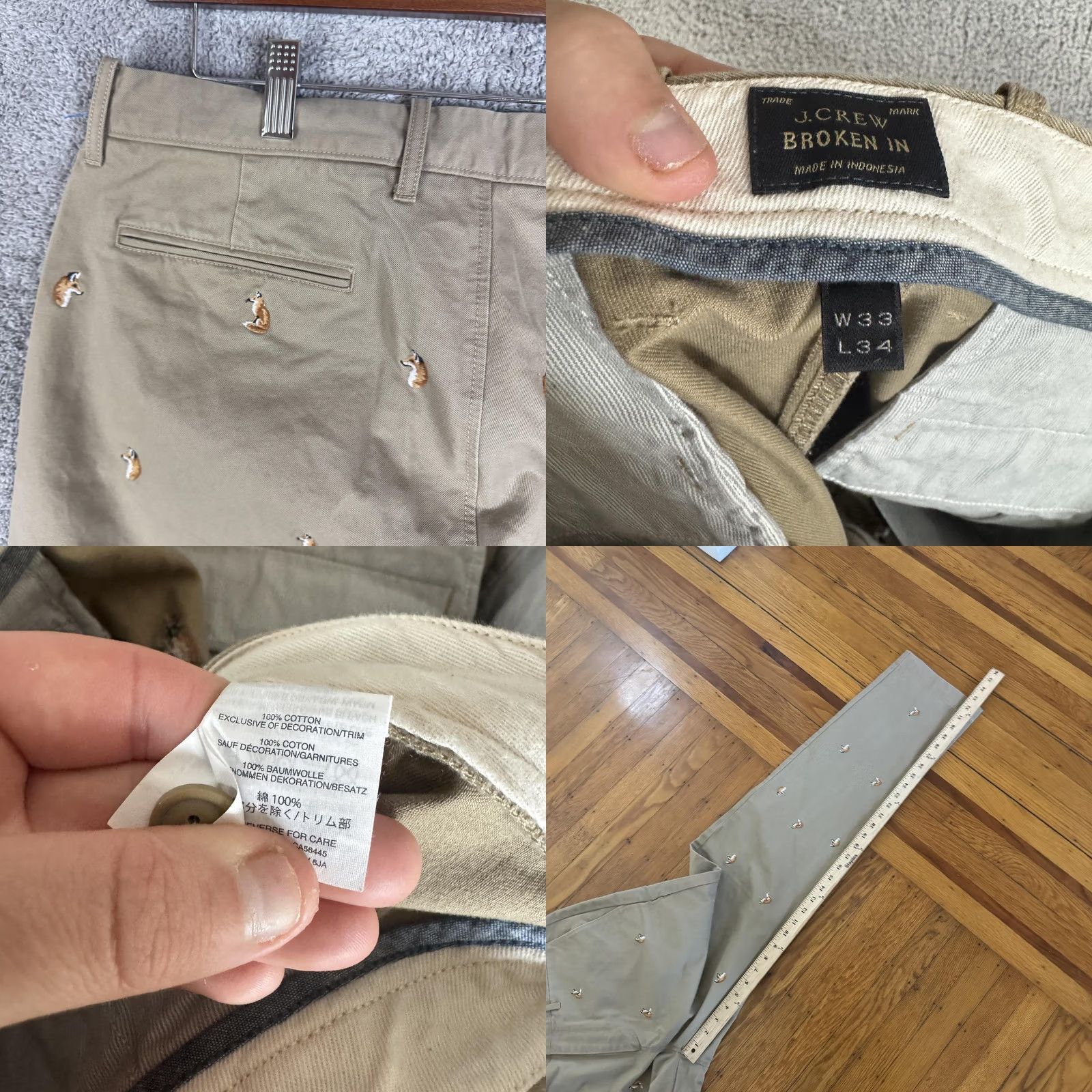 J.Crew J.Crew Broken In Pants Mens 33x34 Beige Chino Embroidered Fox Casual Canvas Size US 33 - 9 Thumbnail