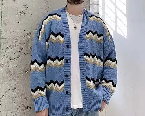image of Vintage Cool Striped Cardigan Knitwear Jumper in Blue, Men's (Size XL)