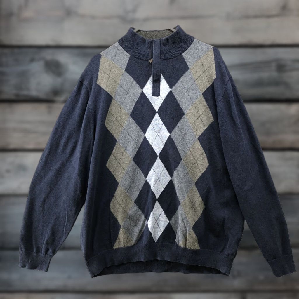 Tasso Elba Tasso Elba 1/4 Zip Argyle Sweater Mens XL Blue Cotton Pullover Mock Neck Long Sleeve Knit Size US XL / EU 56 / 4 - 1 Thumbnail