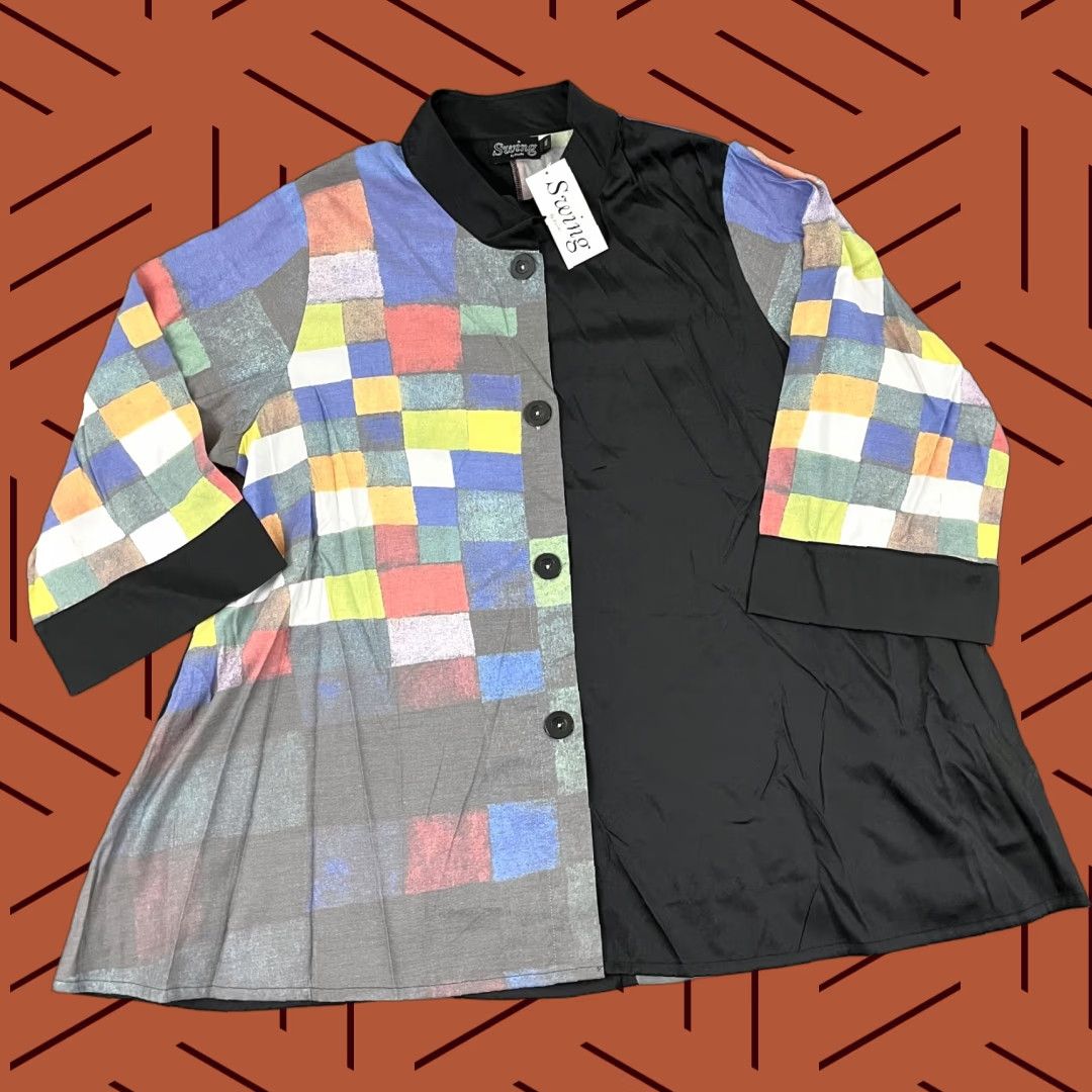 Vintage Breeke Swing Shirt Top Womens 2XL XXL Black Plaid Art to Wear Kimono Pockets NEW Size XXL / US 16-18 / IT 52-54 - 1 Thumbnail