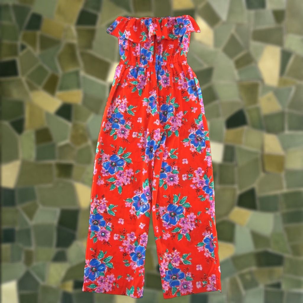 Vintage VINTAGE Handmade Romper Jumpsuit Women S-M Red Flowered Pocket Wide-Leg Sleeveless 100% Cotton Womens Size 28" / US 6 / IT 42 - 1 Thumbnail