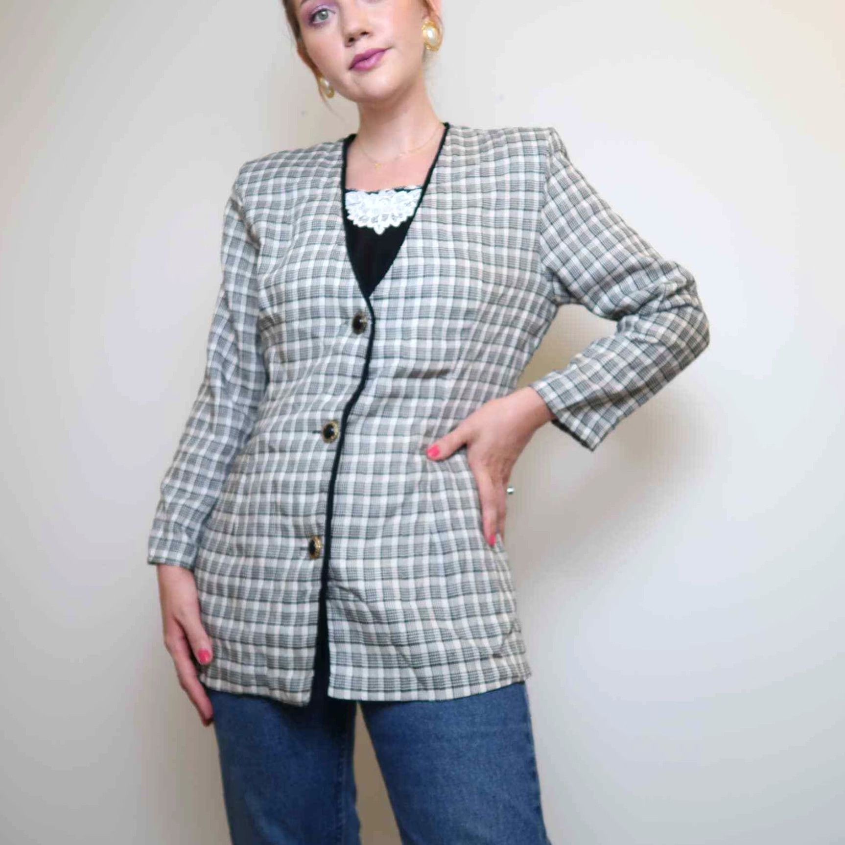 Vintage VINTAGE 90s Sketch Blazer Shirt Cream Plaid Lace Dicky M Mens Women? Size M / US 6-8 / IT 42-44 - 3 Thumbnail