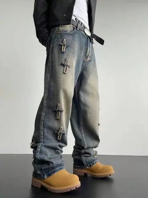 Jean Cross Embroidery Baggy Wide Leg Jeans Size US 30 / EU 46 - 7 Thumbnail