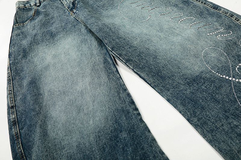 Jean American hot-stamped rhinestone letter washed curved jeans Size US 32 / EU 48 - 4 Thumbnail