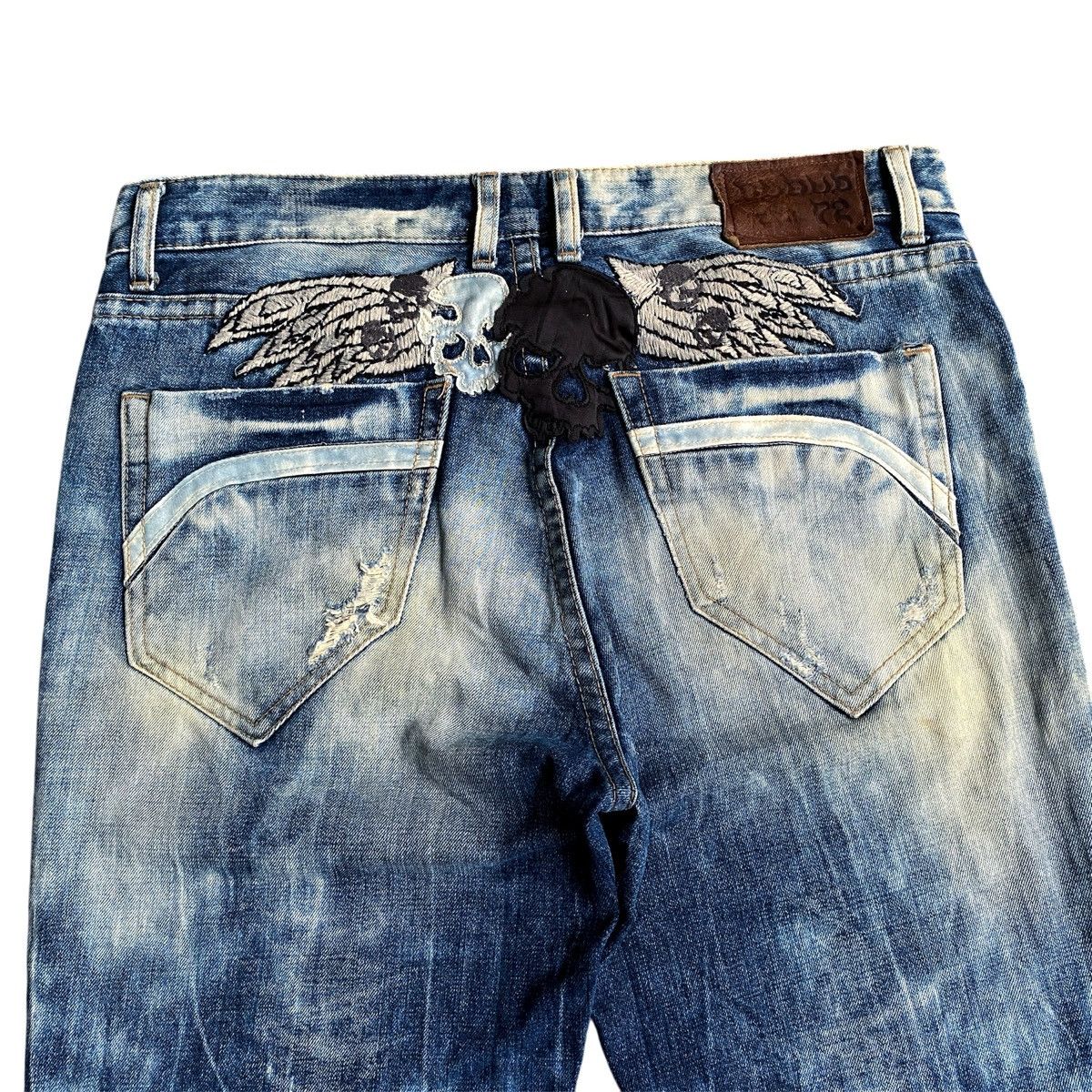 Rare Vintage Skulls Wing Embroidered Cloud Distressed Denim