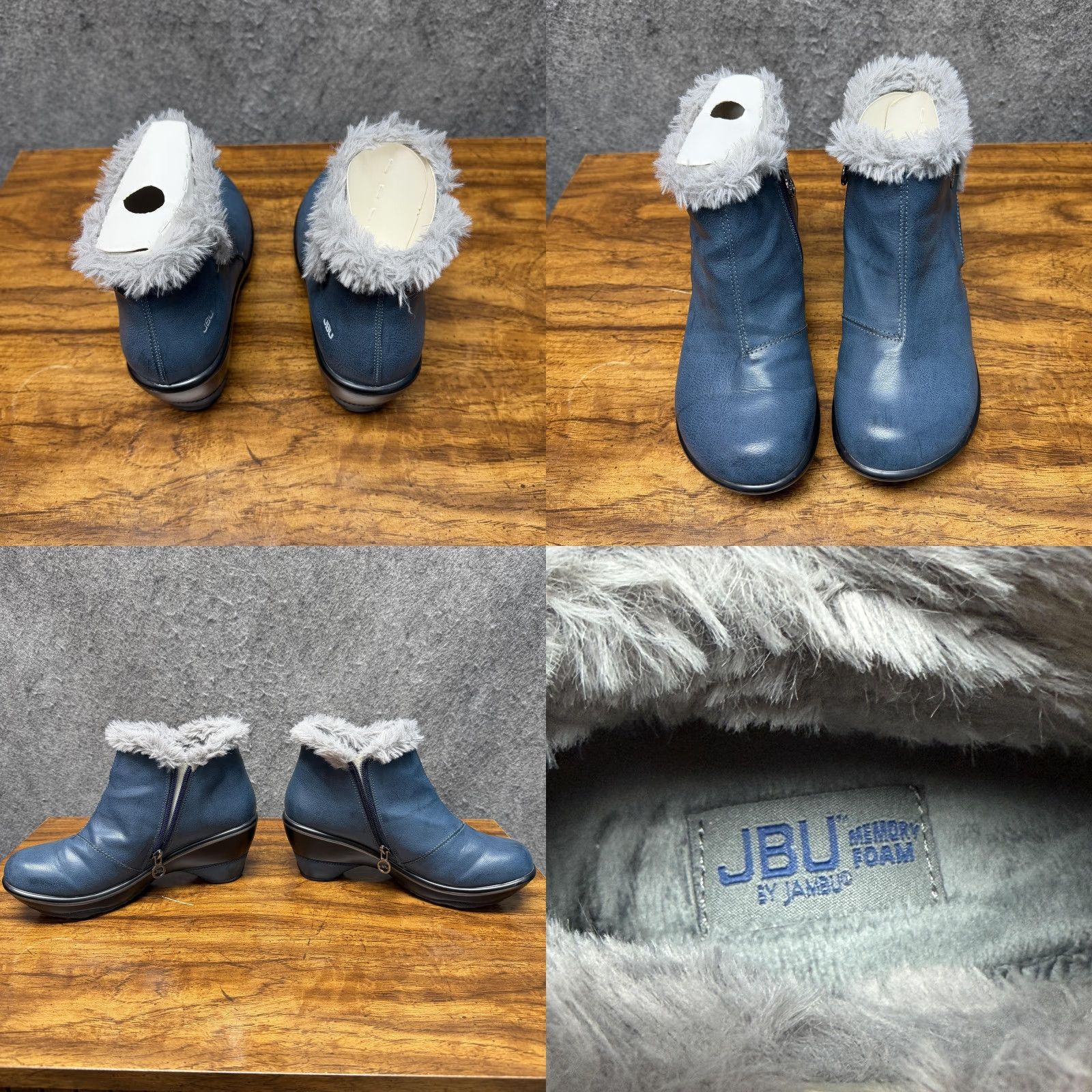 JBU Mesa Boots Women 7.5 Midnight Navy Faux Fur Wedge Booties Vegan Memory Foam Casual Winter