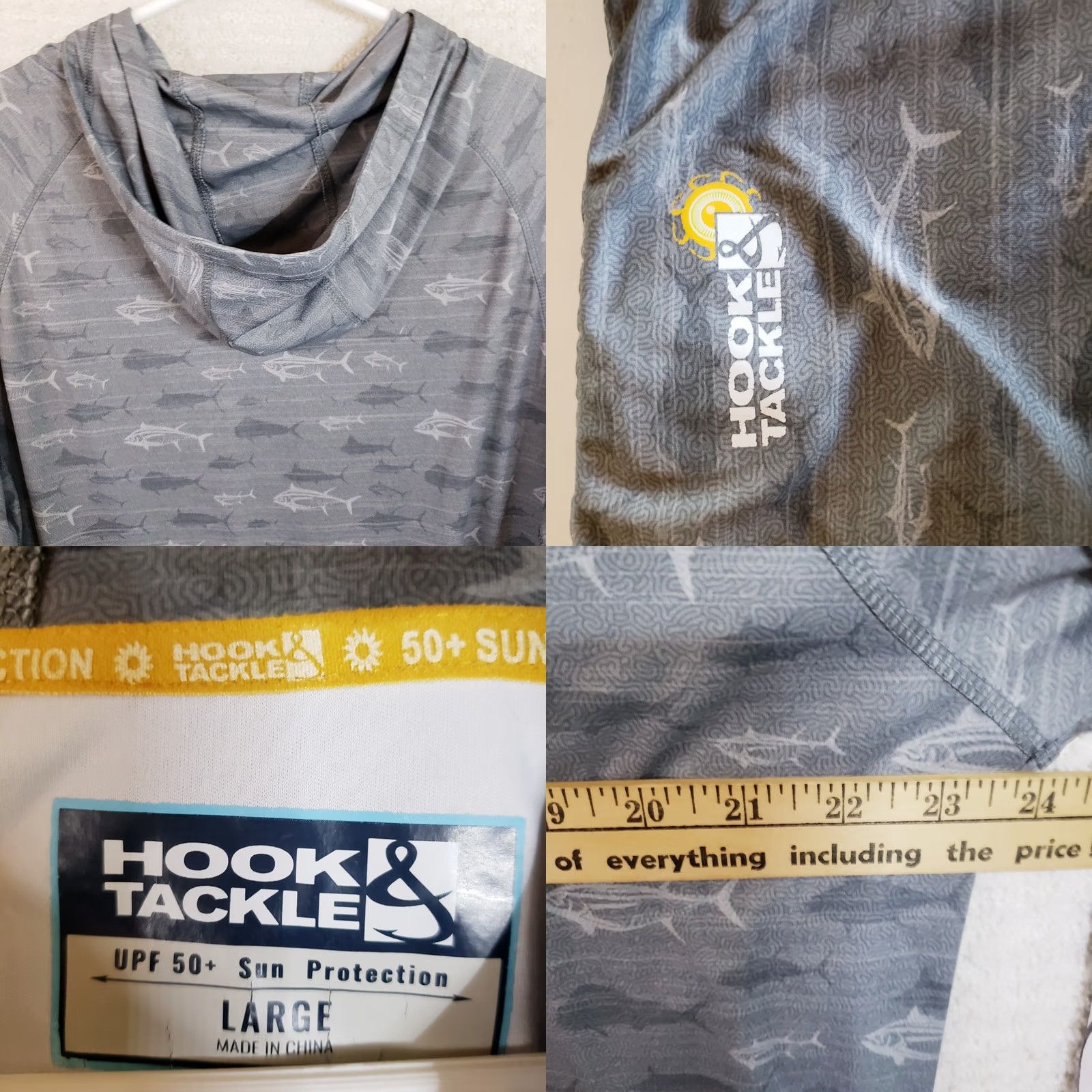 Vintage Hook & Tackle Hoodie Shirt Men L Gray Fish Pattern Long Sleeve Lightweight 50spf Hooded Size US L / EU 52-54 / 3 - 9 Thumbnail