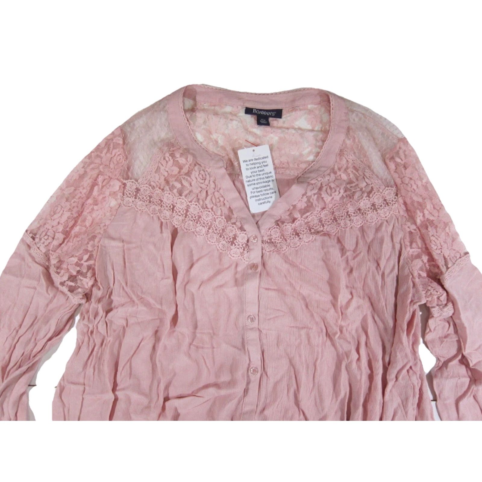 Vintage NWT Roaman's 100% Rayon Pink Embroidered Lace Long Sleeve Blouse Top Women 28W Size 4XL / US 24-26 - 3 Thumbnail