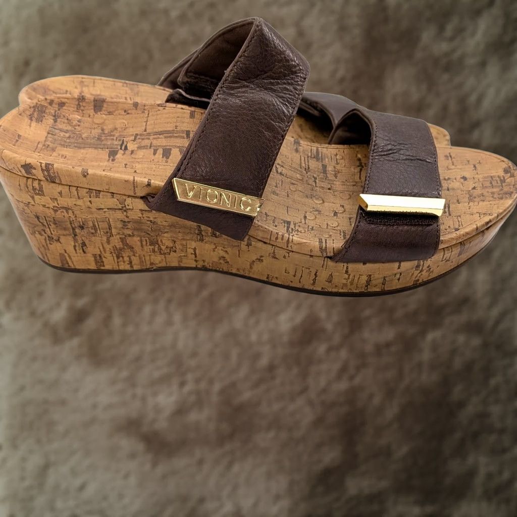 Vionic Vionic Pepper Brown Leather Cork Wedge Slide Sandals - Women 9 Size US 9 / IT 39 - 1 Thumbnail