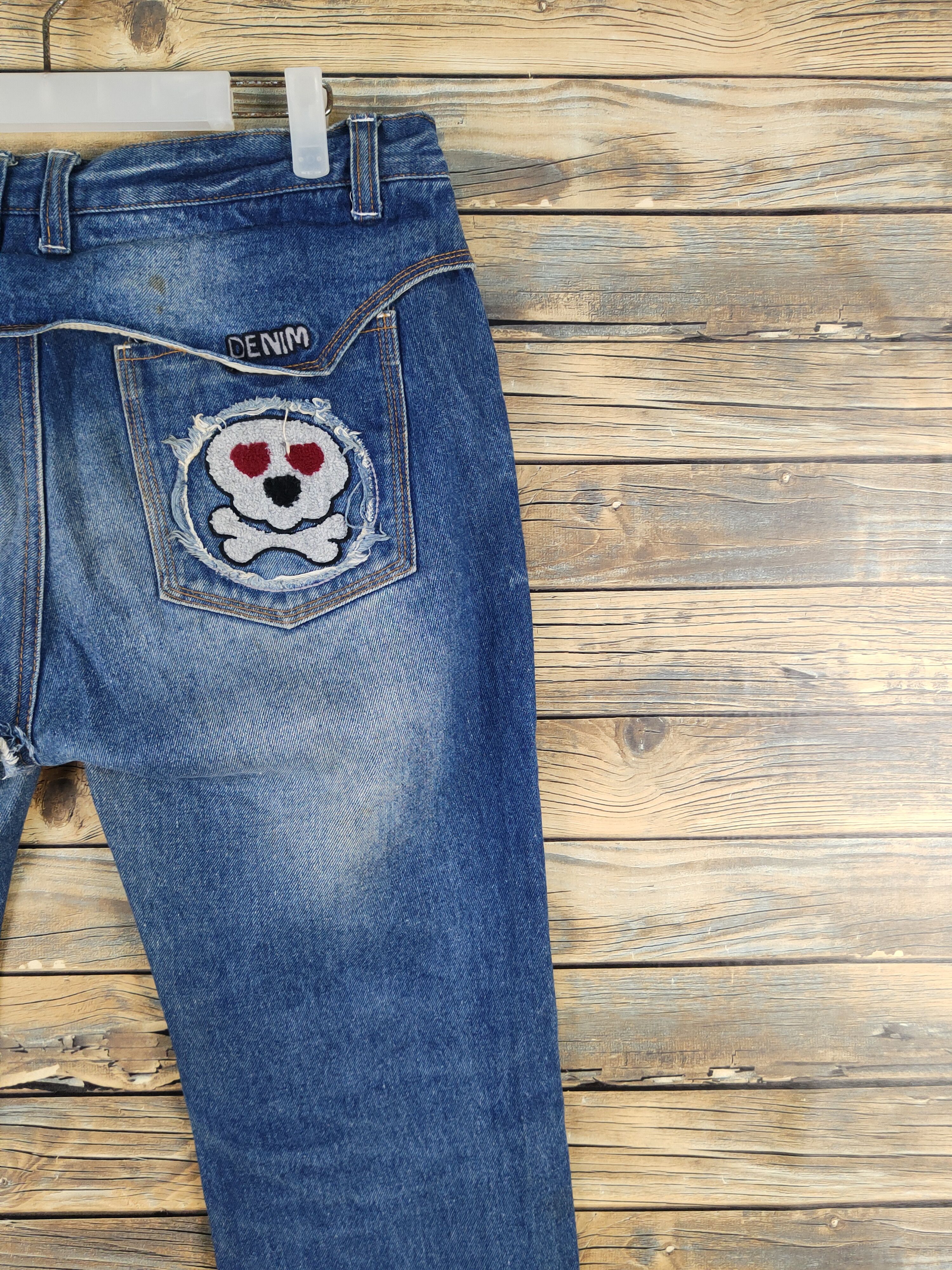 Japanese Brand Japan skull Blue Distressed Ripped denim Jeans #W1306 Size 33" - 14 Thumbnail