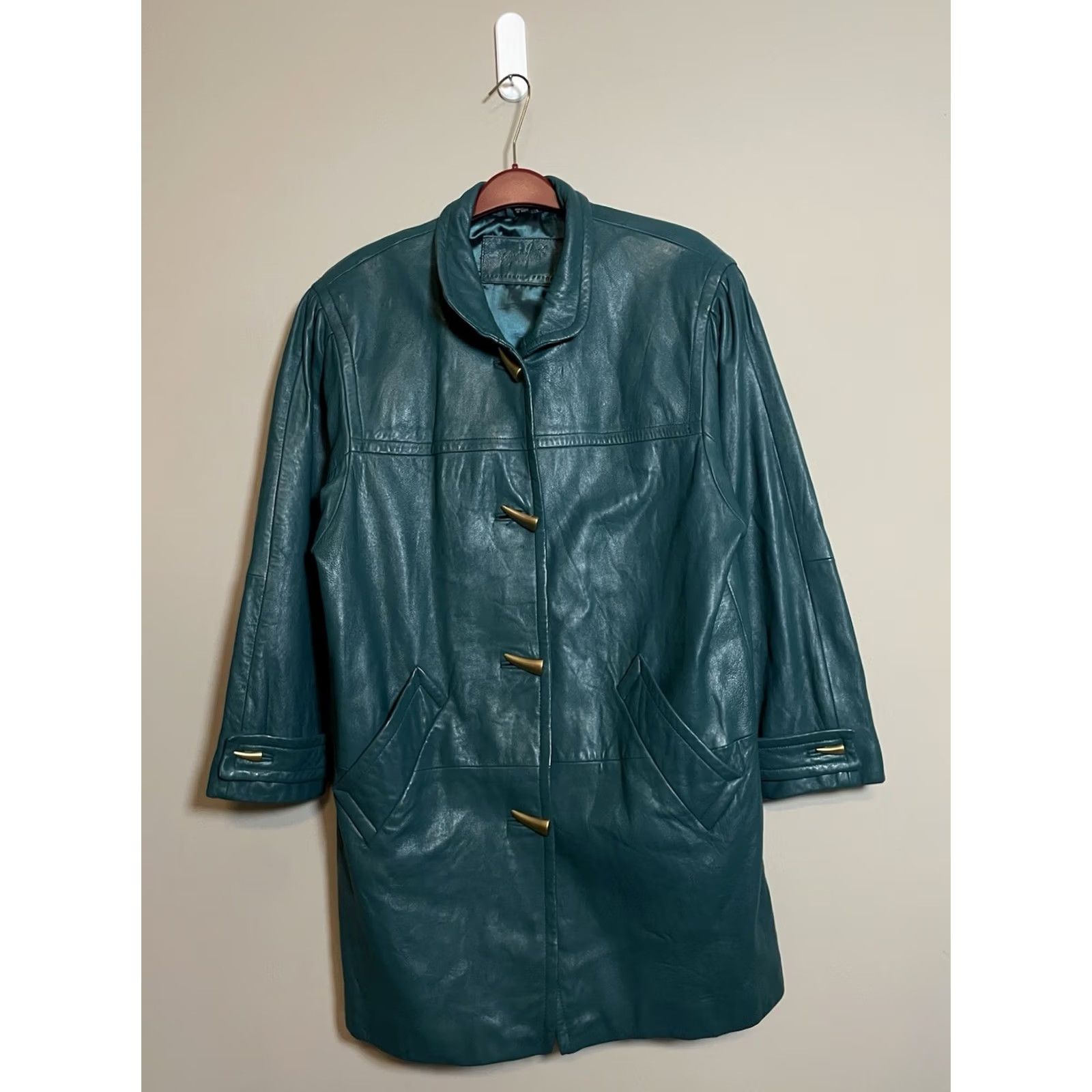Ferrari Jacqueline Ferrari Leather Green Trench Coat Womens M Grunge Goth Coat Long Sleeve Button Embroidered Fall Winter 34" Size M / US 6-8 / IT 42-44 - 2 Thumbnail