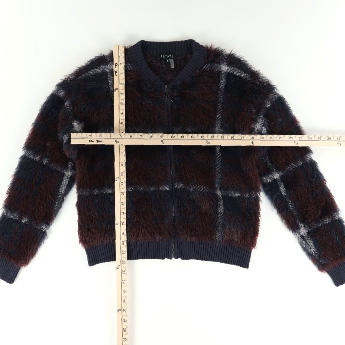 Vintage 1.State Faux Fur Full Zip Plaid V-Neck Sweater Jacket Women's M Navy Blue M Ease Size M / US 6-8 / IT 42-44 - 3 Thumbnail