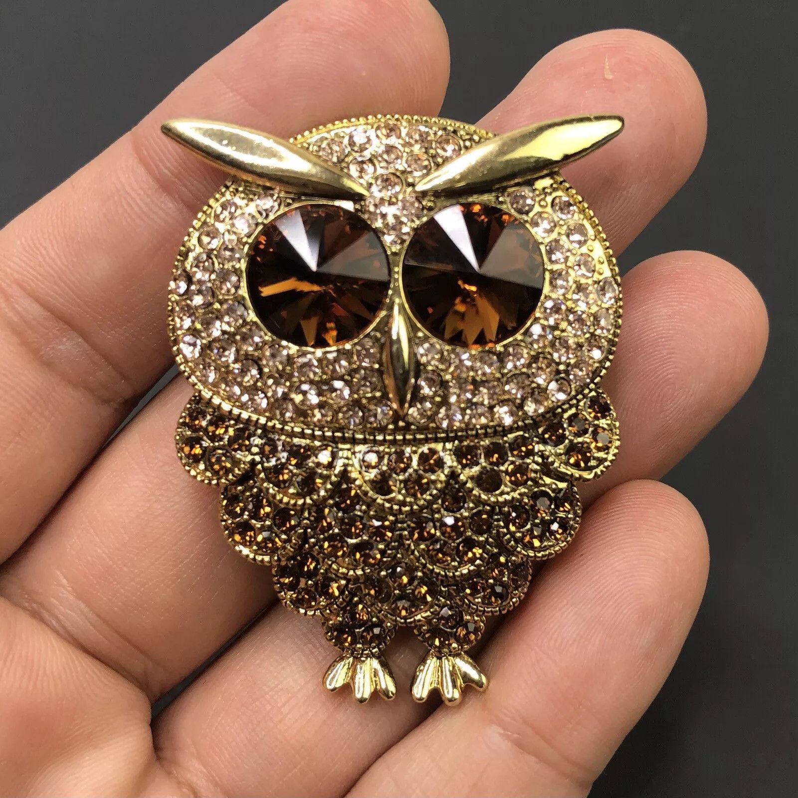 Other Inlayed Amber Crystal Rhinestones Owl Brooch Pin Pendant Size ONE SIZE - 2 Thumbnail