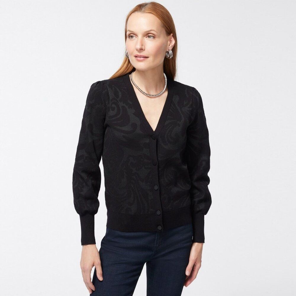Chicos New Chico's Black Mesh Jacquard Cardigan Size 2 US L Size L / US 10 / IT 46 - 1 Thumbnail