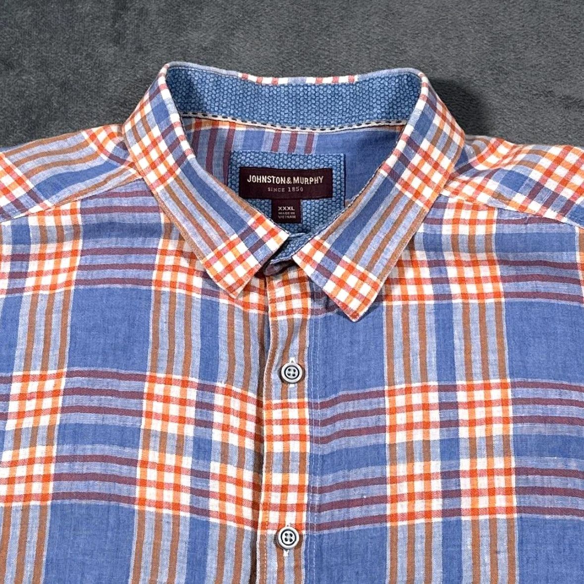 Johnston & Murphy Johnston & Murphy Men's Short Sleeve Linen Shirt 3XL Blue Orange Plaid Summer Casual Size US XXL / EU 58 / 5 - 2 Thumbnail