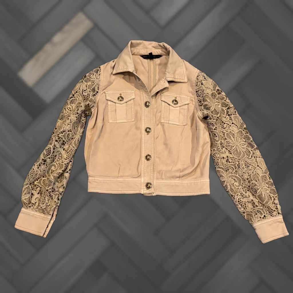 White House Black Market VINTAGE? No — White House Black Market Cropped Jacket Womens 00 Beige Lace Sleeves Button Shirt Womens Regular XS? Size XXS / US 00 / IT 34 - 1 Thumbnail