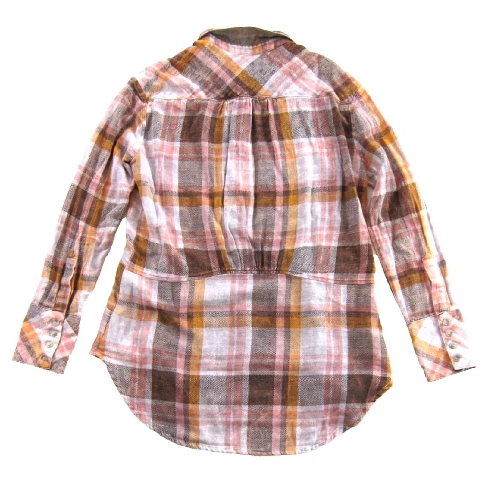 Free People Free People Blouse Shirt Womens S Oversized Plaid Flannel 100% Cotton Button Up Pink Orange Brown Pocket Casual Sleeve Size S / US 4 / IT 40 - 2 Thumbnail