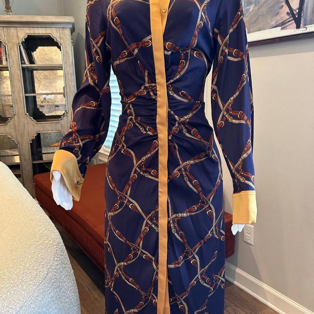 Designer Jonathan Simkhai Saddle-Print Ruched Long-Sleeve Shirtdress Size L / US 10 / IT 46 - 4 Thumbnail