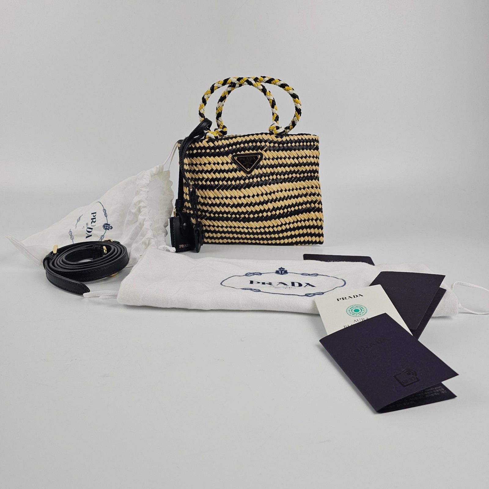 Prada PRADA Two-Tone Striped Black Yellow Raffia Shopper Shoulder Size ONE SIZE - 1 Thumbnail